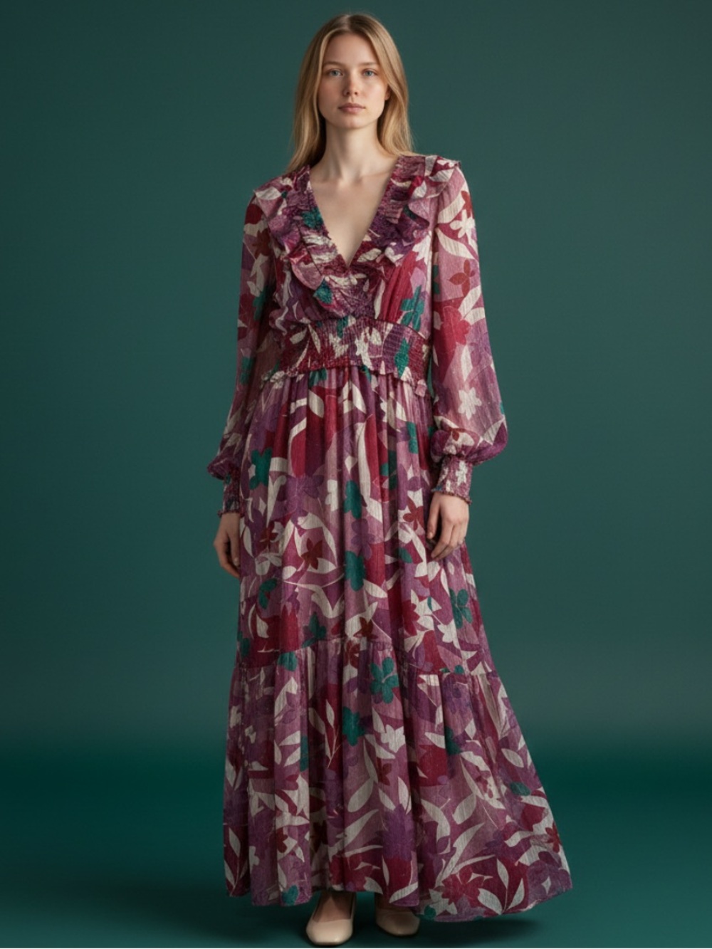 Fate Pink Floral Ruffled V-Neck Long Sleeve Maxi Dress